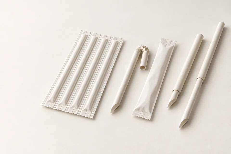 Attached, asymmetric U-shaped and two-section telescopic paper straw formats