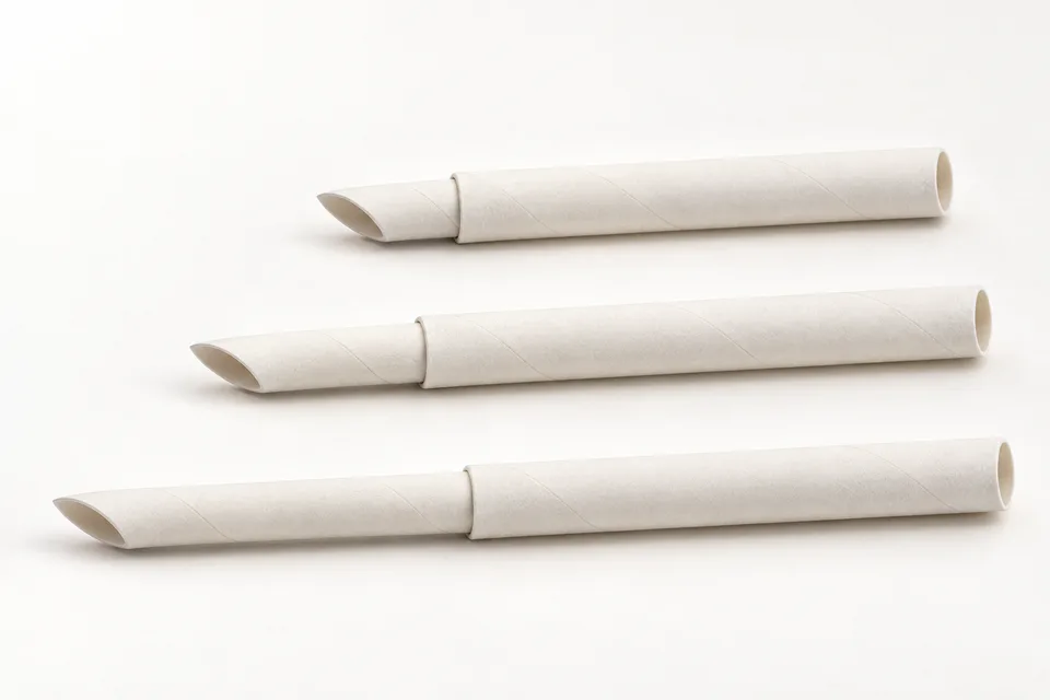 Two-section telescopic paper straw shown packed, partly extended and fully extended