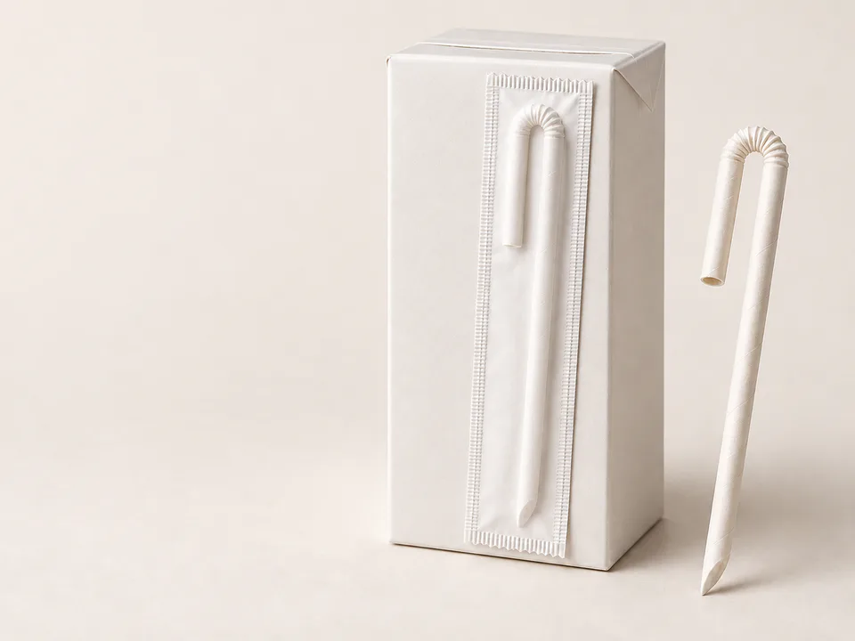 Asymmetric U-shaped paper straw and opaque wrapper positioned on a beverage carton